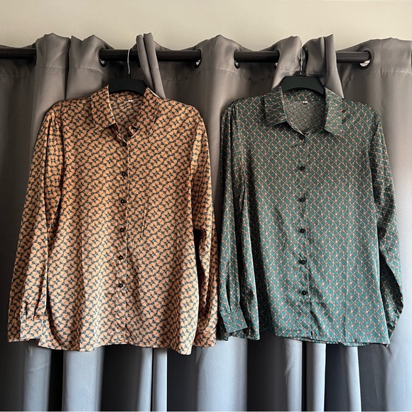 Lot of 2 Button Down satin sheen blouses. Size L. - Picture 1 of 8